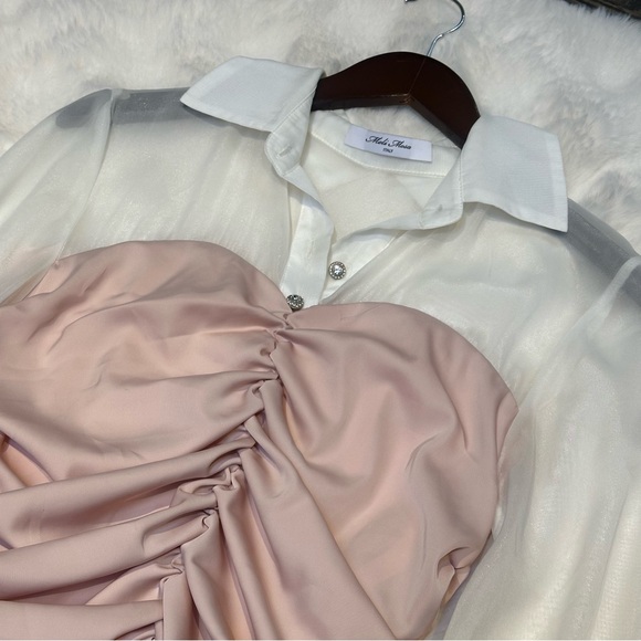 Chic Blush Ruched Mini Dress with Sheer Sleeves - Picture 2 of 4